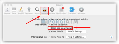 2. Lalu pilih menu Security Uncheck opsi Block Pop up Windows