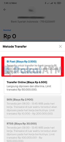 7. Pilih BI Fast Untuk Cara Transfer di Livin' by Mandiri Biaya Admin Rp 2.500
