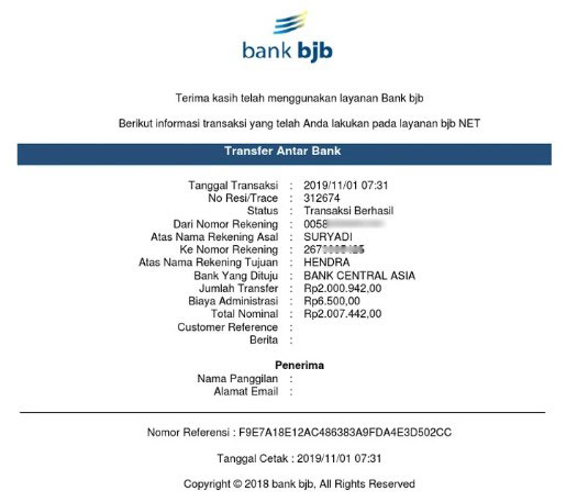 Bukti Transfer Bank BJB Lewat BJB Net